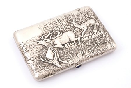 cigarette case, silver, Deers, 84 standard, 178.5 g, gilding, silver stamping, 12 x 8.7 x 1.6 cm, 1908-1917, Moscow, Russia