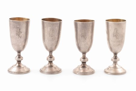 set of 4 small glasses, silver, 84 standard, total weight of items 84.25 g, gilding, h 6.9-7 cm, workshop of Maxim Belousov, 1896-1907, Moscow, Russia