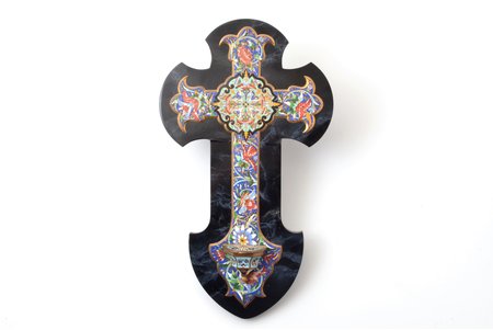 cross, with Holy water font (benitier), cloisonne enamel, metal, 32 x 18.5 cm