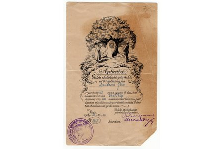 certificate, State statistics administration, right to wear the badge of the 2nd national population census, Nr. 1265, Latvia, 1925, 21.2 x 13.5 cm, stains, some tears on the edges