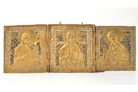 складень, Деисус, медный сплав, 2-цветная эмаль, Российская империя, 19-й век, 14.4 x 37 см, 786.8 г., технологические дефекты