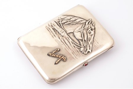 cigarette case, silver, "Horsehead", 875 standard, 139.50 g, gilding, silver stamping, with gold detail, 11.2 x 8.3 x 1.7 cm, the 20-30ties of 20th cent., Latvia