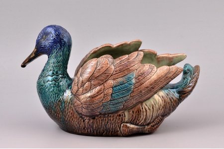 fruit vase, Duck, majolica, M.S. Kuznetsov manufactory, Russia, the end of the 19th century, beak is covered with glaze; without maker's mark, attribution upon request