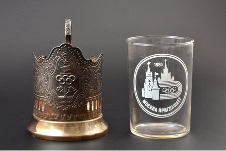 glāzes turētājs un glāze, Olimpiāde-80, Maskava, melhiors, stikls, PSRS, 1980 g., glāzes turētājs: h (ar rokturi) 10.9 cm, Ø (iekšpuse) 6.7 cm