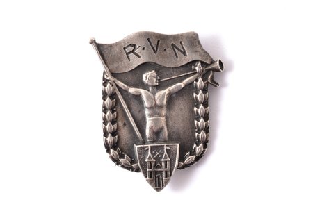 badge, RVN, with coat of arms of Riga, silver(?), Latvia, 20-30ies of 20th cent., 24 x 20 mm