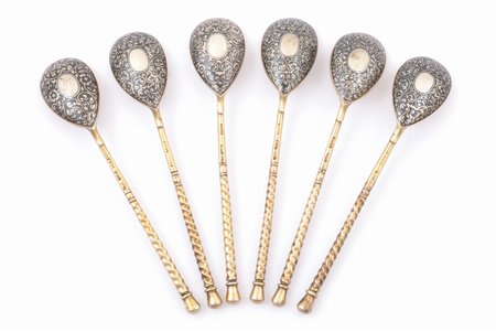 set of 6 spoons, silver, 84 standard, total weight of items 114.9 g, niello enamel, gilding, 12.4 cm, 1873, Moscow, Russia