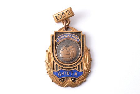 badge, Football championship of the Latvian SSR, 2nd place, Latvia, USSR, 1952, 37.2 x 28.8 mm