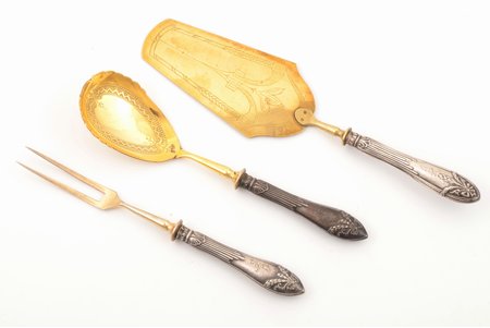 set of 3 flatware items, silver/metal, 875 standard, total weight of items 103.75 g, gilding, 17.6 / 17.7 / 21.3 cm, by Wilhelm Heinrich Glasenapp, the 20-30ties of 20th cent., Riga, Latvia
