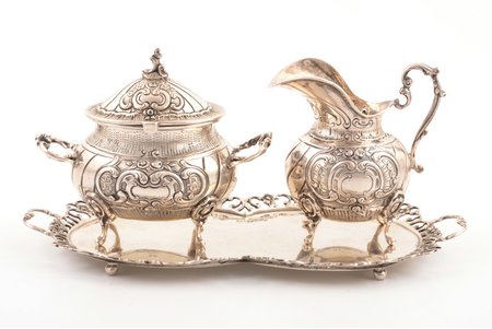 set of 3 items (miniature size): sugar-bowl, cream jug, tray, A835 standard, total weight of items 410 g, h 8.3 / 8.7 cm, tray 20.8 x 11.8 cm, 1961, Sweden