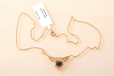 ожерелье, золото, 750 проба, 4.18 г., бриллиант, сапфир, длина 37.5 cm