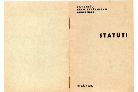 "Latviešu veco strēlnieku biedrības statūti", 1934, Riga, 12 pages