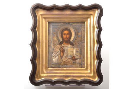 icon, Jesus Christ Pantocrator, in icon case, board, silver, painting, guilding, 84 standard, Moscow, Russia, 1880-1890, 17.8 x 14.4 x 2.6 cm, icon case 29.6 x 26 x 7.6 cm