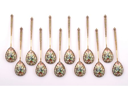 set of 12 coffee spoons, silver, 84 standard, total weight of items 187.55 g, cloisonne enamel, gilding, 10.7 cm, Twenty sixth Moscow Artel, 1908-1917, Moscow, Russia, traces of everyday use on enamel