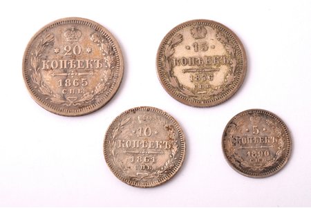 komplekts, 1861-1890 g., 4 monētas: 5 kapeikas (1890), 10 kapeikas (1861), 15 kapeikas (1876), 20 kapeikas (1865), sudrabs, sudraba billons (500), Krievijas Impērija