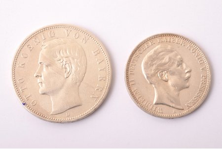 2 monētu komplekts: 3 markas, 5 markas, 1903-1910 g., A, D, sudrabs, 900 prove, Prūsija, Bavārijas Karaliste, Ø 38 / 33 mm