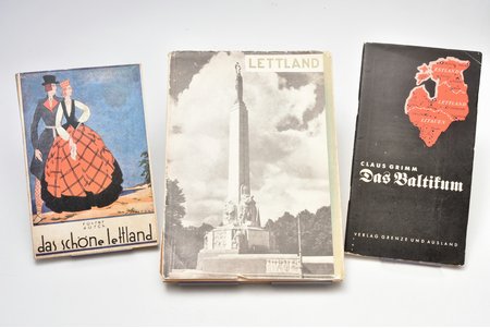 set of 3 books: "Das schöne Lettland (cover-S.Vidbergs, map in attachment) / Lettland. Landschaft, Volksleben, Baukunst und Museen (F. Balodis) / Das Baltikum (C.Grimm)", 1930-1938, Pagalms, Bernhard Lamey verlag, Berlin, Leipzig, Riga, illustrations on separate pages, damaged page, dust-cover, 19 x 12 / 24.5 x 17 / 22 x 12 cm