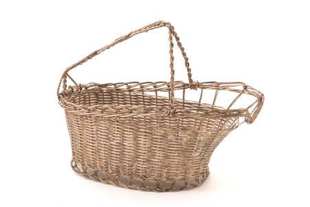 wine bottle basket, silver plated, metal, h (with handle) 19 cm, base 17 x 9.3 cm