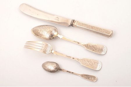 flatware set of 4 items, silver/metal, 84 standard, total weight of items 285.75 g, including knife (silver/metal) 124.75 g, engraving, 27 - 14.7 cm, 1856-1884, Moscow, Russia, marks of different makers