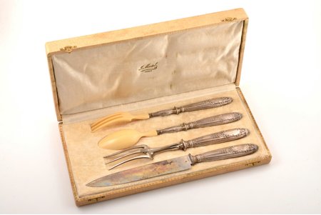 meat carving set of 4 items, silver/metal, 950 standard, total weight of items 364.45 g, bone, 27.5 - 32 cm, France, in a box
