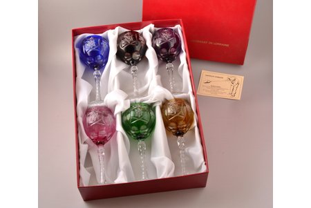 set of 6 champagne glasses, Cristalleries De Lorraine, multicolor crystal, France, the middle of the 20th cent., h 20.5 cm, in original packaging