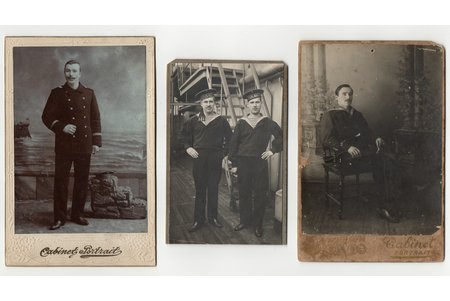 set of photographs, 3 pcs., sailors, on cardboard, Russia, beginning of 20th cent., 14 x 10.3 / 13.7 x 9.7 / 13.3 x 8.3 cm