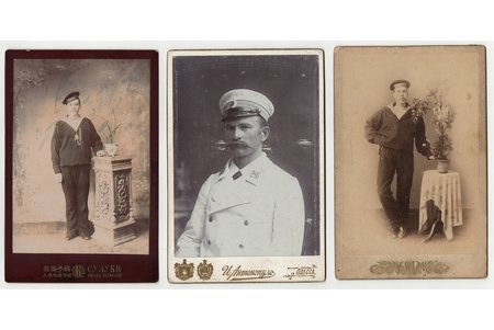 fotogrāfiju komplekts, 3 gab., uz kartona, jūrnieki, Krievijas impērija, 19. un 20. gadsimtu mija, 13.7 x 9.6 / 14.2 x 10.3 / 14.2 x 9.5 cm