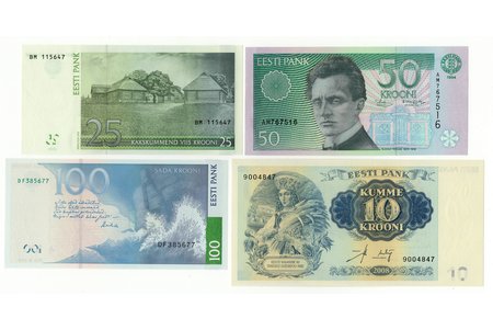 set of 4 banknotes: 10 krooni (2008), 25 krooni  (2002), 50 krooni (1994), 100 krooni (2007), 1994-2008, Estonia, XF, VF
