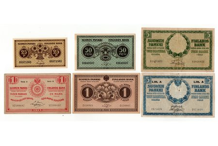 set of 6 banknotes: 1 mark, 5 mark, 50 penni, 25 penni, 1909-1918, Finland, VF, F, Bank of Finland