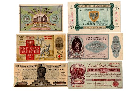 set of 6 lottery tickets, 1924-1932, Estonia, VF