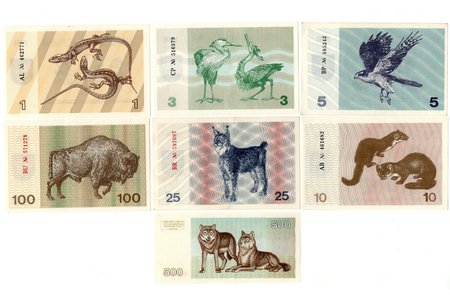 set of 7 banknotes: 1 Talonas, 3 Talonas, 5 Talonas, 10 Talonas, 25 Talonas, 100 Talonas, 500 Talonas, 1991 / 1993, Lithuania, XF