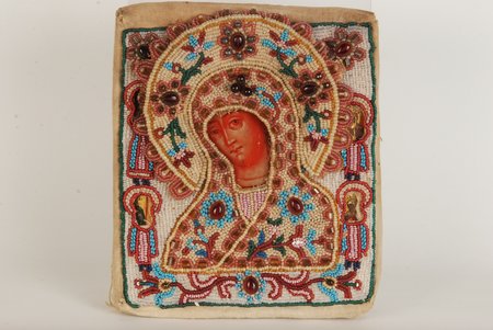 Mother of God firelike icon, frame from beads, Vetka, board, Russia, the 19th cent., 17.5 x 15 cm