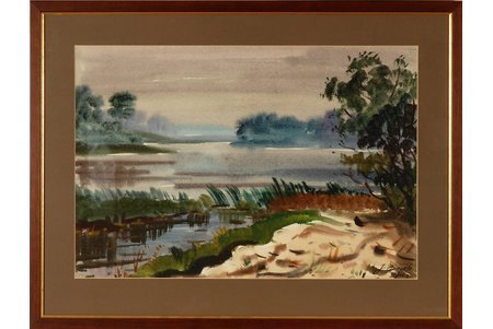 Brekte Jānis (1920-1985), Ainava ar ezeru, 1966 g., papīrs, akvarelis, 36 x 53 cm