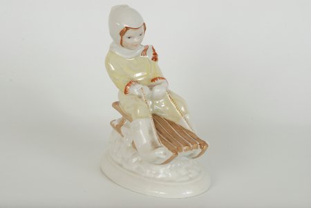 figurine, Girl on a sleigh, porcelain, Riga (Latvia), USSR, Riga porcelain factory, molder - Zina Ulste, the 50ies of 20th cent., 12.5 cm, 1st class