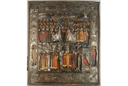 Saint Mother of God Protection, board, silver, 84 standard, Russia, the 19th cent., 35.5 x 30 cm