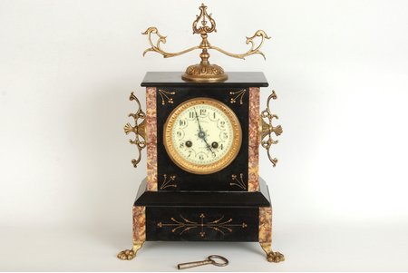 table clock, Oislieh Sarthe, France, the 19th cent., bronze, marble, working condition, 37 x 25 cm