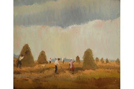 Saldavs Oļģerts (1907 –1960), Sienu pļauja, 1930е g., kartons, eļļa, 26.5 x 31 cm