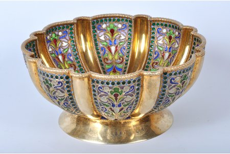 candy-bowl, silver, 88 standard, 174.8 g, gilding, plique-à-jour vitreous enamel, 5 x 11 cm, Ivan Khlebnikov factory, Moscow, Russia