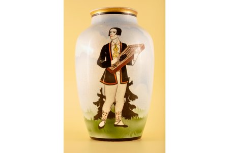 vase, "Girl in a Folk Suit and a Folk Musician", painted by S. Vidberg's scetch, Burtnieks manufactory, Riga (Latvia), the 30ties of 20th cent., 22 cm, mouth restoration